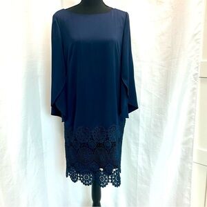 TAHARI ASL WOMEN'S NAVY BLUE EMBROIDERED LACE TRIM TULIP BELL SLEEVE SHIFT DRESS